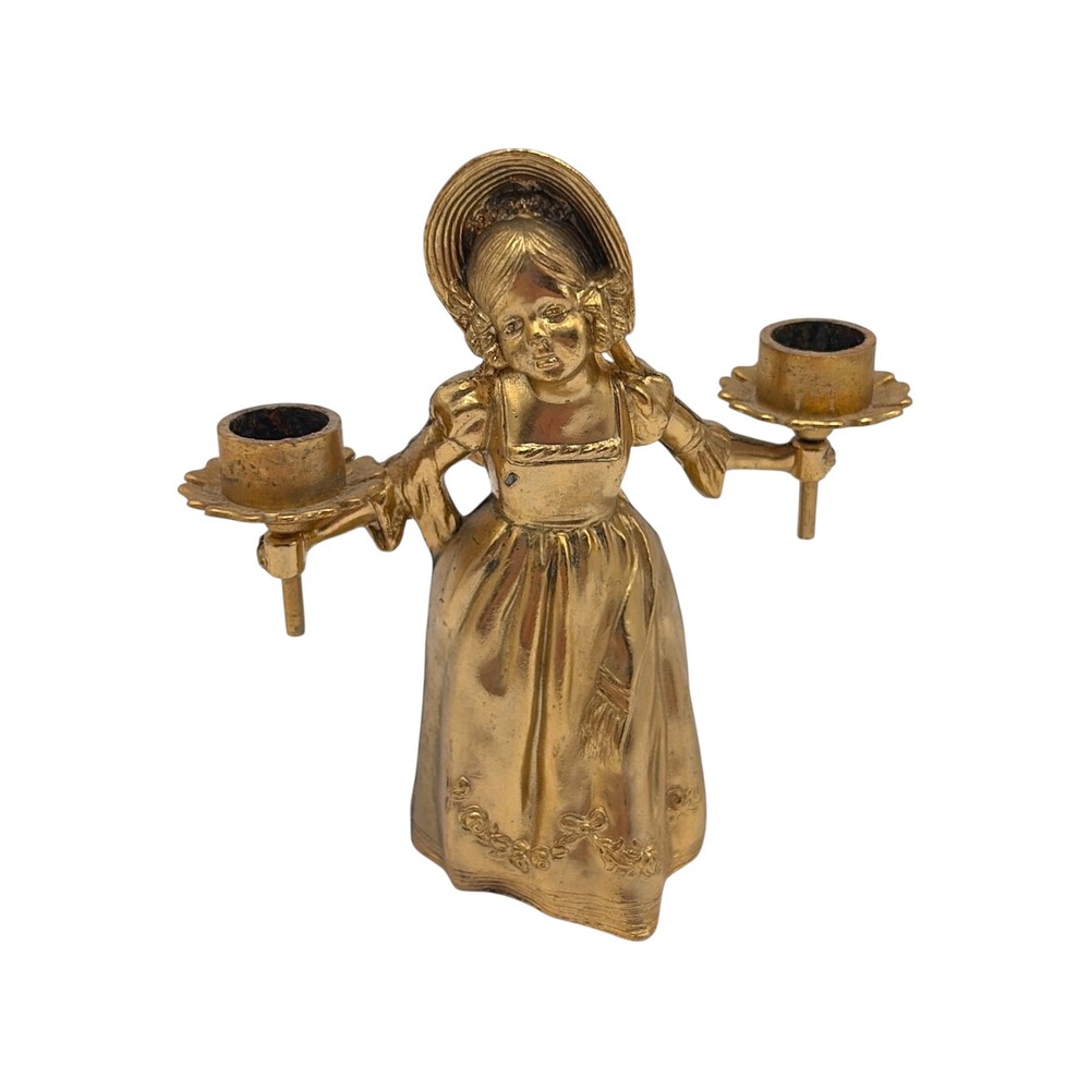 Mary Gregory Gold Tone Double Candle Holder Woman Figurine Victorian Style 4"